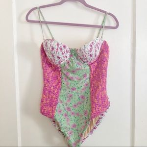 Anthropologie smocked bustier floral swim